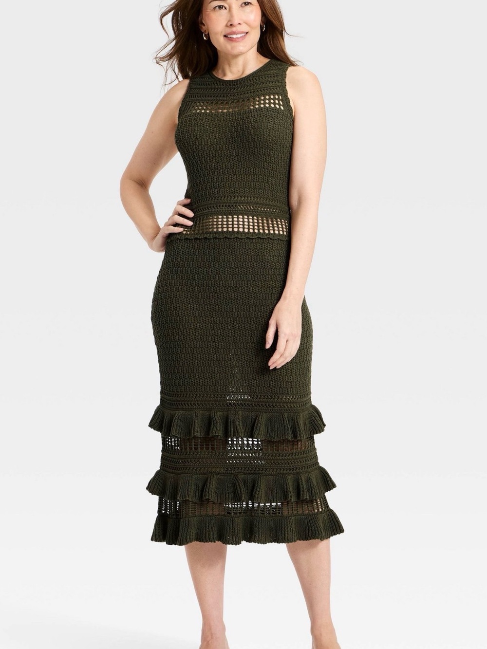 a new day Olive Knit Midi Skirt with Ruffle Hem